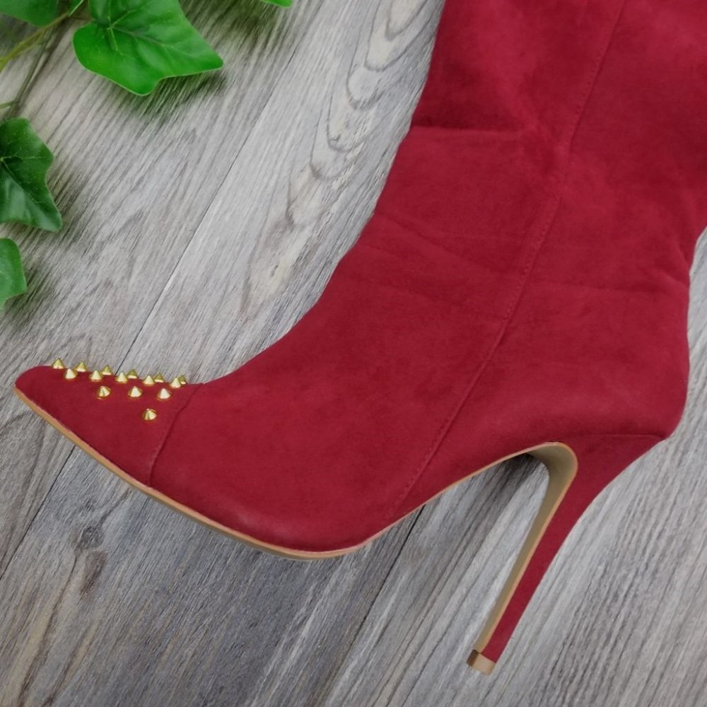 Shoe Dazzle Spike Stud Stiletto Heel Knee High Boots Size 9.5 Burgundy - Picture 7 of 10
